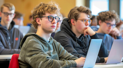 Focused Learners: A group of young male students, with laptops open and attentive expressions, engage in a lecture or seminar, showcasing the power of education and knowledge acquisition.  