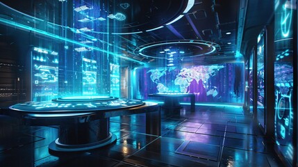 Fototapeta premium Futuristic Concentration Hub with Bioluminescent Focus Zones and Holographic Productivity Tools for an Innovative and Efficient Workspace.