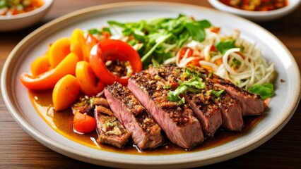  Deliciously grilled steak with vibrant vegetables on a plate