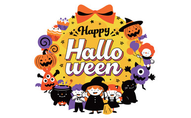 かわいい手書きのかぼちゃや仮装した子どものポップなイラストをあしらったハロウィンタイトルフレーム