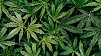 A pattern of cannabis leaves, vibrant green and densely packed, viewed from above