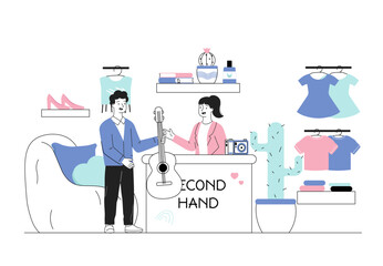 People in second hand. Man buys guitar from woman seller. Flea market and bazaar, local shop or store. Small business, retail and commerce. Linear vector illustration