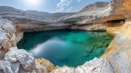 Obraz premium Serene Bimmah Sinkhole Oasis in Oman with Turquoise Water and Rocky Landscape under Bright Sunlight | Minimalist Nature Wonder