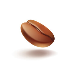 Realistic 3D coffee bean. Beautiful coffee bean for coffee shop advertising concepts, delicious fancy coffee. Logo, icon for design. Vector illustration.