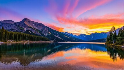Stunning Mountain Lake Sunset with Colorful Sky and Reflections in Water - Scenic Landscape Photograph for Nature Lovers