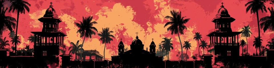 Exotic Tropical Sunset Silhouette of Temples and Palms Against a Vibrant Red and Orange Sky, Capturing the Enchanting Beauty of Southeast Asia