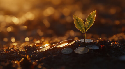 Plant Growing on Coins Symbolizing Financial Growth and Investment