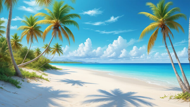 Tropical Beach. Pristine beach with turquoise waters and palm trees under a bright blue sky. AI Generative