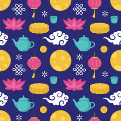 Mid Autumn Seamless Pattern Design with Decorative Elements in Hand Drawn Cartoon Flat Illustration Template