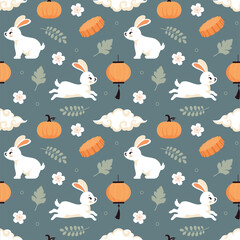 Mid Autumn Seamless Pattern Design with Decorative Elements in Hand Drawn Cartoon Flat Illustration Template