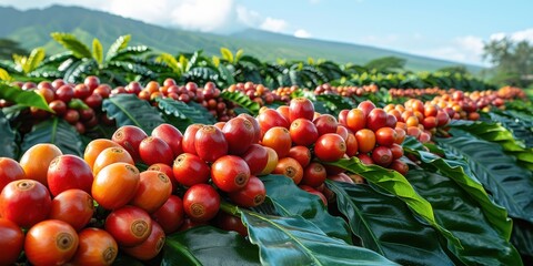 Lush Coffee Plantation with Ripe Arabica Beans Growing on Bushes in Organic Farm Surrounded by Scenic Mountainous Landscape