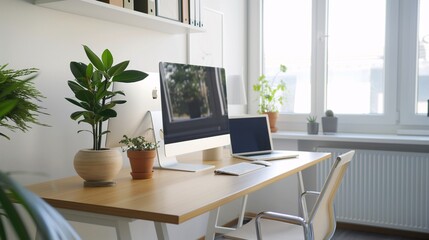 Serene Workspace Serenity: A minimalist home office bathed in natural light, featuring a wooden desk with a desktop computer, laptop, and lush green plants