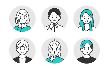 ネガティブな若い男女の顔アイコンセット【人物ベクターイラスト素材】