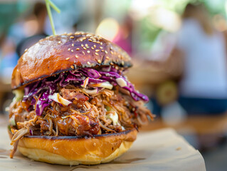 Pulled Pork Perfection: A tantalizing pulled pork sandwich piled high with BBQ sauce and coleslaw takes center stage, its smoky aroma practically leaping off the screen. 