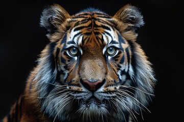 Fototapeta premium Hyper-Realistic Studio Portrait of a Tiger Face on Black Background with Beautiful Lighting
