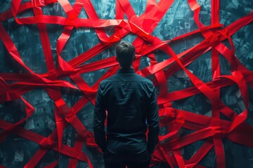 Man trapped in a web of red tape, representing bureaucratic debt issues