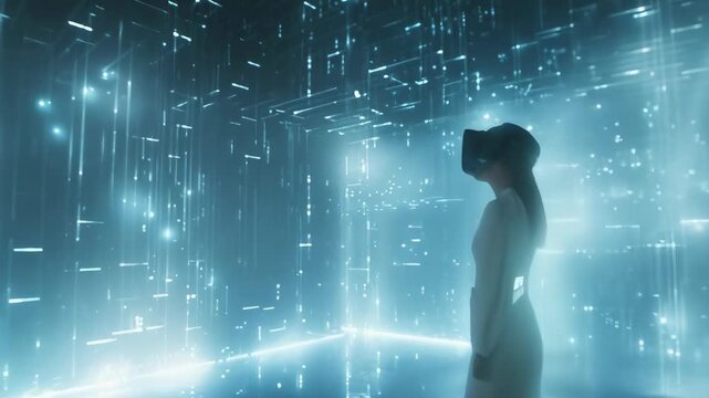 A young Asian woman wearing a VR headset stands in a glowing, digital grid environment. She is dressed in a white outfit, likely at night, experiencing virtual reality in a futuristic setting. The