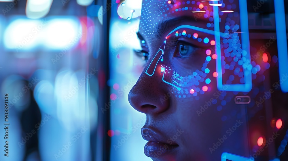 Wall mural a close-up of a person using a facial recognition scanner at an advanced security checkpoint, with a