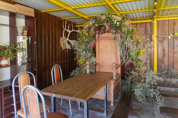 Decorations and animals on the territory of the ostrich farm. Anapa. Russia. 14.04.2024