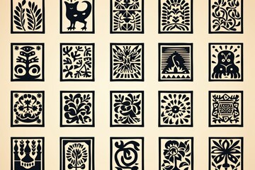 Block Print Woodblock pattern, design, seamless, vintage, illustration, art, decoration, texture, wallpaper, frame, black, set, silhouette, animal, border, ornament, woodcut