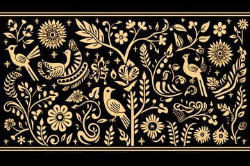 Block Print Woodblock pattern, design, seamless, vintage, illustration, art, decoration, texture, wallpaper, frame, black, set, silhouette, animal, border, ornament, woodcut