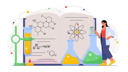Woman studying chemistry. Young girl with test tubes with reagents near book. Scientific laboratory researching. Scientist in lab. Flat vector illustration