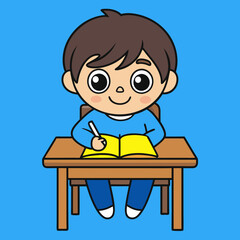 Little children sitting at the table reading books happily vector art illustration