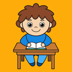 Little children sitting at the table reading books happily vector art illustration