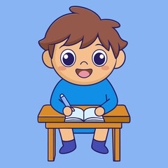 Little children sitting at the table reading books happily vector art illustration