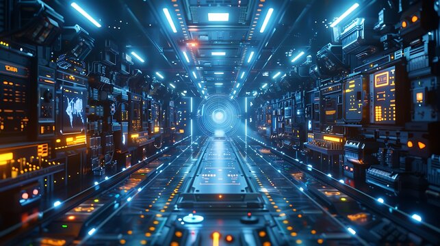 A futuristic quantum computer with intricate circuits and glowing data streams, housed in a sleek, high-tech lab with ambient blue lighting and advanced equipment.