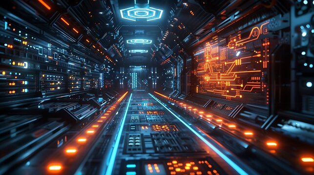 A futuristic quantum computer with intricate circuits and glowing data streams, housed in a sleek, high-tech lab with ambient blue lighting and advanced equipment.