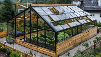A large greenhouse with a wooden frame and glass panels is filled with plants. Some of the windows are open, allowing fresh air to circulate.