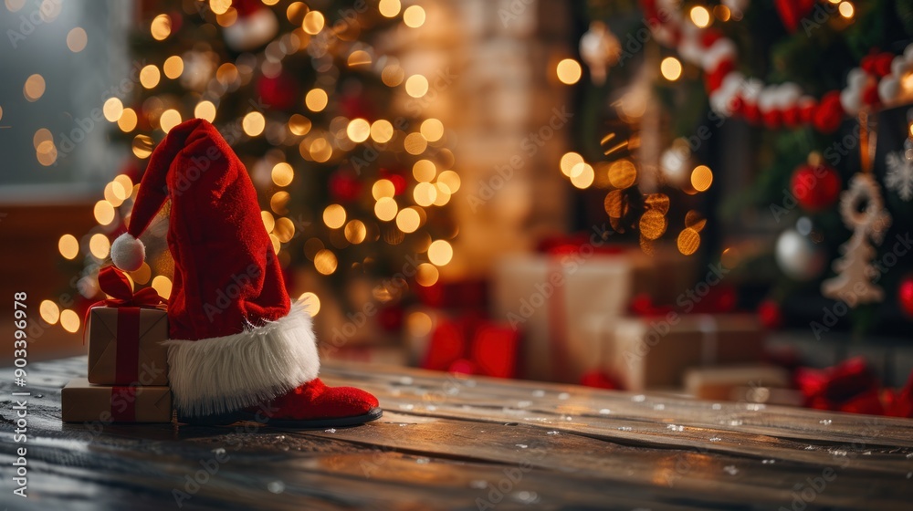 Sticker christmas hat & gifts under the tree