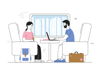 People ride inside train. Woman and man with laptop travel on public transport. Passengers in subway. Urban infrastructure for trips. Linear vector illustration