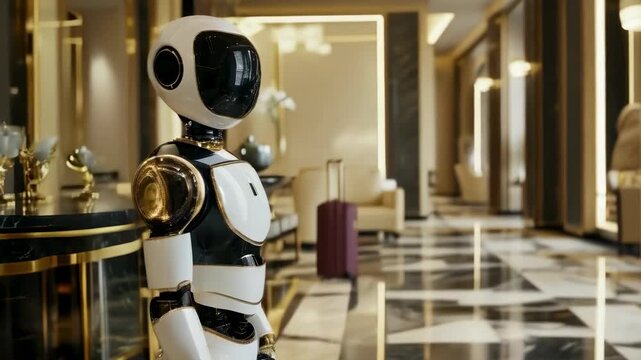 A sleek humanoid robot stands in a luxurious hotel lobby, featuring marble floors and elegant decor. The scene includes luggage, lamps, and modern furniture, enhancing the sophisticated ambiance.