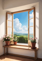 Fototapeta premium Serene View of a Countryside Garden Through a French Window