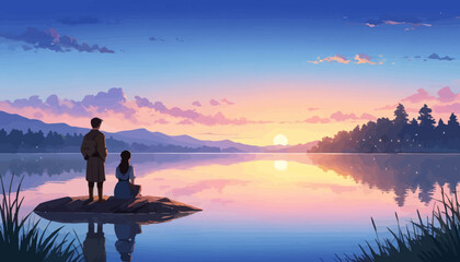 Obraz premium Serene Sunset Reflection: A Couple's Moment of Peace