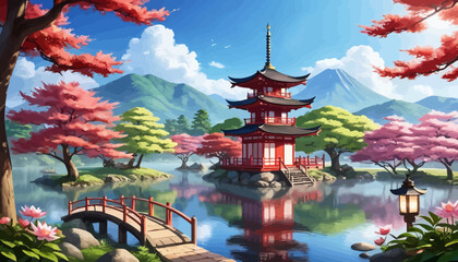 Obraz premium Serene Japanese Garden with Traditional Pagoda and Cherry Blossom Trees
