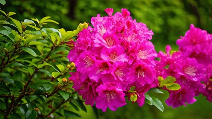 Fototapeta premium Vibrant Pink Rhododendron Flowers in Full Bloom Against Green Foliage - Photograph Ideal for Nature and Gardening Themes