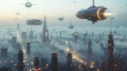 A peaceful futuristic city at dawn, with unique architectural buildings, flying cars gliding through the morning mist, soft light casting long shadows, and a calm urban atmosphere.