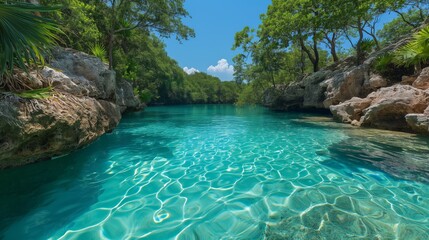 Fototapeta premium Tranquil Oasis at Cenote Zacil-Ha in Mexico | Crystal Blue Water, Tropical Trees, Minimalist Beauty on a Sunny Day