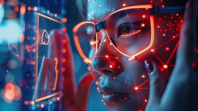 A person using a high-tech security system with facial recognition and fingerprint scanning at the entrance of a secure facility, with a sleek design and bright, focused lighting.