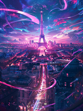 eiffel tower city with fancing ribbons in the sky