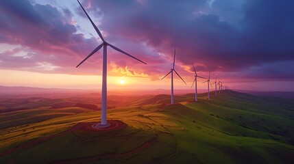A row of wind turbines spinning gracefully in the breeze, set against a vibrant sunset, with rolling hills and green fields in the foreground. Created using: high-resolution camera, wide-angle lens,
