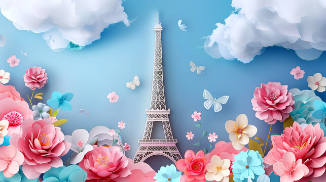 illustration of Eiffel tower in Paris with blue backdrop