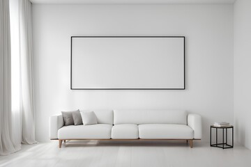 modern interior design, white-toned white walls, a piece of furniture, a mock-up frame