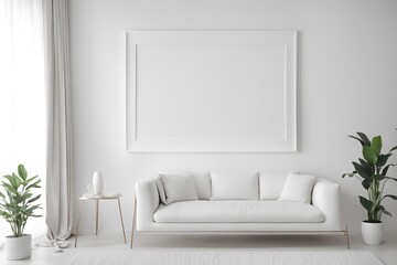 Fototapeta premium modern interior design, white-toned white walls, a piece of furniture, a mock-up frame