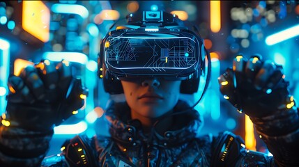A virtual reality gaming scene with a player deeply engaged in a VR experience, wearing a futuristic VR headset and motion gloves, with holographic game elements surrounding them,