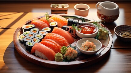 Sushi platter. A plate of different combination of sushi with a bowl of soba.