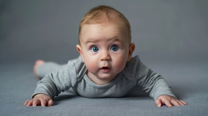 Fototapeta premium A baby showing a determined expression while trying to crawl for the first time